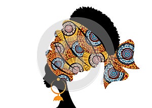 Portrait beautiful African woman in traditional turban handmade tribal motif, Kente head wrap African with ethnic earrings, black