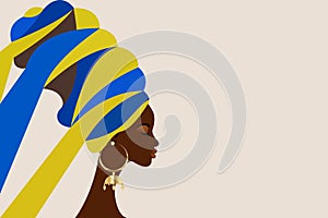 portrait beautiful African woman in traditional turban, Kente Afro head wrap, Traditional dashiki printing, black women
