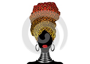 Portrait beautiful African woman in traditional turban, Kente head wrap, dashiki printing, black Afro scarf vector silhouette