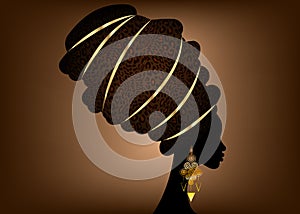 Portrait beautiful African woman in traditional turban, Kente head wrap, dashiki printing, black afro women vector silhouette