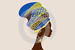 portrait beautiful African woman in traditional turban tribal motifs, Kente head wrap, African Traditional black women