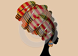 Portrait beautiful African woman in traditional turban wearing typical Afro ethnic jewelry. Vector isolated or beige background