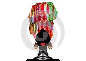 Portrait beautiful African woman in traditional turban wearing typical Afro ethnic jewelry. Vector isolated or white background