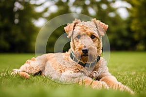 Portrait of a beautiful Airedale Terrier dog in the park. Generative AI