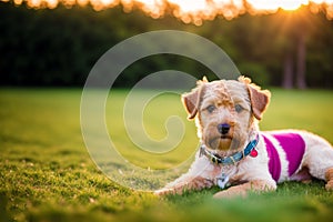 Portrait of a beautiful Airedale Terrier dog in the park. Generative AI