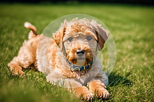 Portrait of a beautiful Airedale Terrier dog in the park. Generative AI