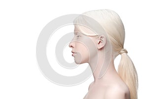 Portrait of beautiful albino woman isolated on white studio background. Beauty, fashion, skincare, cosmetics concept.