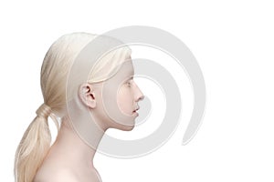 Portrait of beautiful albino woman isolated on white studio background. Beauty, fashion, skincare, cosmetics concept.