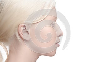 Portrait of beautiful albino woman isolated on white studio background. Beauty, fashion, skincare, cosmetics concept.