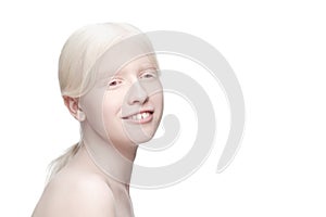 Portrait of beautiful albino woman isolated on white studio background. Beauty, fashion, skincare, cosmetics concept.