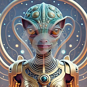 portrait of beautiful alien female in golden dress posing against universe background. Ai generated