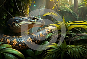 portrait of beautiful ancient python snake in greenery of jungle. close up. Ai generated