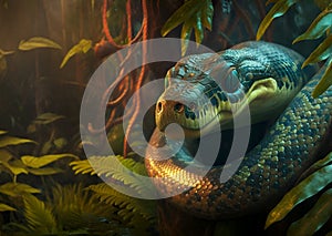 portrait of beautiful ancient python snake in greenery of jungle. close up. Ai generated photo