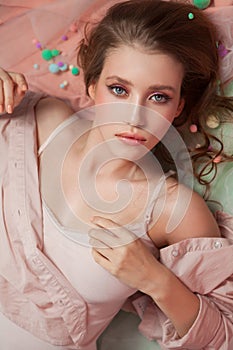 Portrait of beautiful angelic look young woman in studio