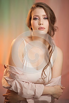 Portrait of beautiful angelic look young woman in studio