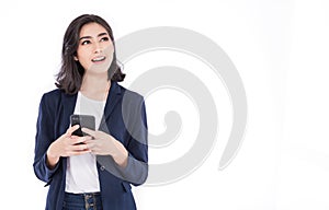Portrait of beautiful Asian business girl celebrate with smartphone with copy space on white background.
