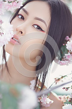 Portrait of a beautiful asian girl outdoors against spring blossom tree.