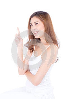 Portrait of beautiful asian woman makeup of cosmetic, beauty of girl with face smile and finger point something attractive isolate