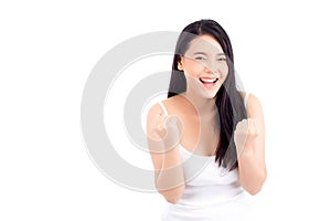 Portrait of beautiful asian woman makeup of cosmetic, beauty of girl with face smile and gesture glad attractive isolated