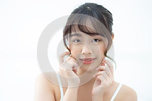 Portrait beautiful asian woman makeup of cosmetic, girl hand touch cheek and smile attractive