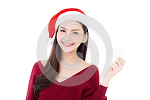 Portrait of beautiful asian young woman in santa hat smile holding credit card