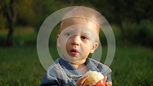 Portrait of beautiful baby boy eating apple on the lawn