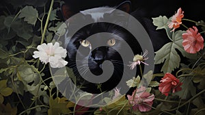 portrait of beautiful black cat and flowers on dark background