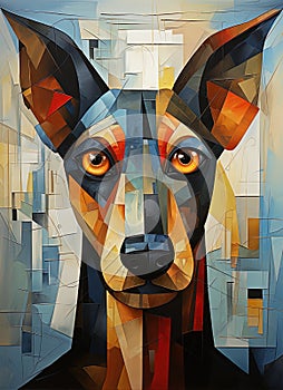 Portrait of a beautiful black dog resembling a guard dog in cubist style