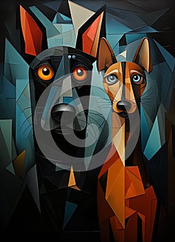 Portrait of a beautiful black dog resembling a guard dog in cubist style