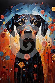 Portrait of a beautiful black dog resembling a guard dog surrounded by flowers