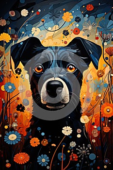 Portrait of a beautiful black dog resembling a guard dog surrounded by flowers