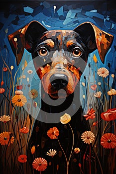 Portrait of a beautiful black dog resembling a guard dog surrounded by flowers