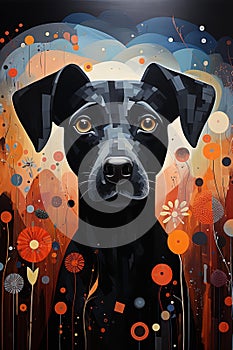 Portrait of a beautiful black dog resembling a guard dog surrounded by flowers