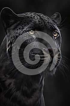Portrait of a beautiful black panther on a dark background. Generative AI