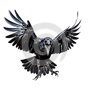 portrait of a beautiful black raven, attack pose, open beak, glossy black feathers, isolated