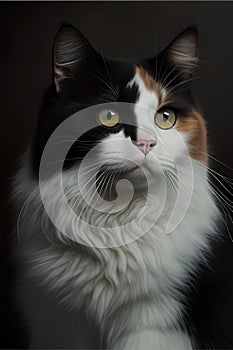 Portrait of a beautiful black and white cat on a dark background