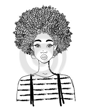 Portrait of a beautiful black woman. Linear drawing of an african american girl with curly hair. Vector illustration