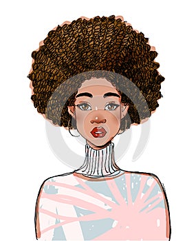 Portrait of a beautiful black woman model. Modern afro american girl with curly hair. Vector illustration isolated on a