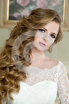Portrait of beautiful blonde Bride with wedding makeup and hairstyle