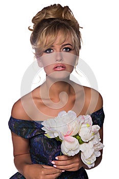 Portrait of a beautiful blonde woman in retro dress 50-s style .