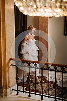 Portrait of a beautiful bride descending the stairs in the hall