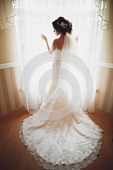 Portrait of beautiful bride with fashion veil and dress at wedding morning