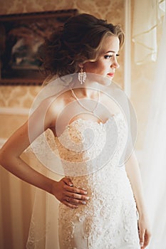 Portrait of beautiful bride with fashion veil and dress at wedding morning