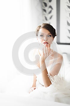 Portrait of beautiful bride with fashion veil posing at home at