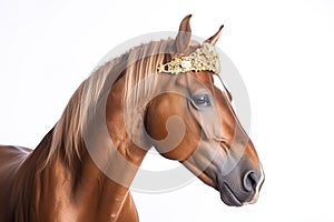 Portrait of a beautiful brown horse with jewelry on his head isolated on a white background. Generative AI