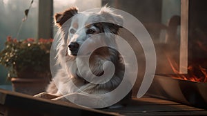 Portrait of a beautiful brown and white domestic australian shepherd dog posing in nature.