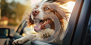 Portrait of a beautiful brown and white welsh springer spaniel dog in a car