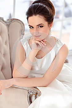 Portrait of beautiful brunette bride with elegant hairstyle and makeup wearing long luxury wedding dress