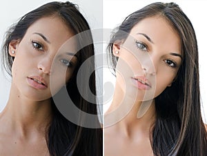 Portrét krásný bruneta před po retušování 