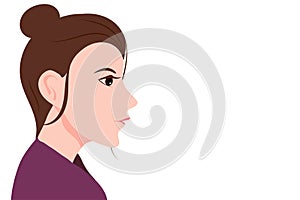 Portrait of beautiful brunette woman With Long Hair, Asian woman head in profile , Vector Flat Illustration